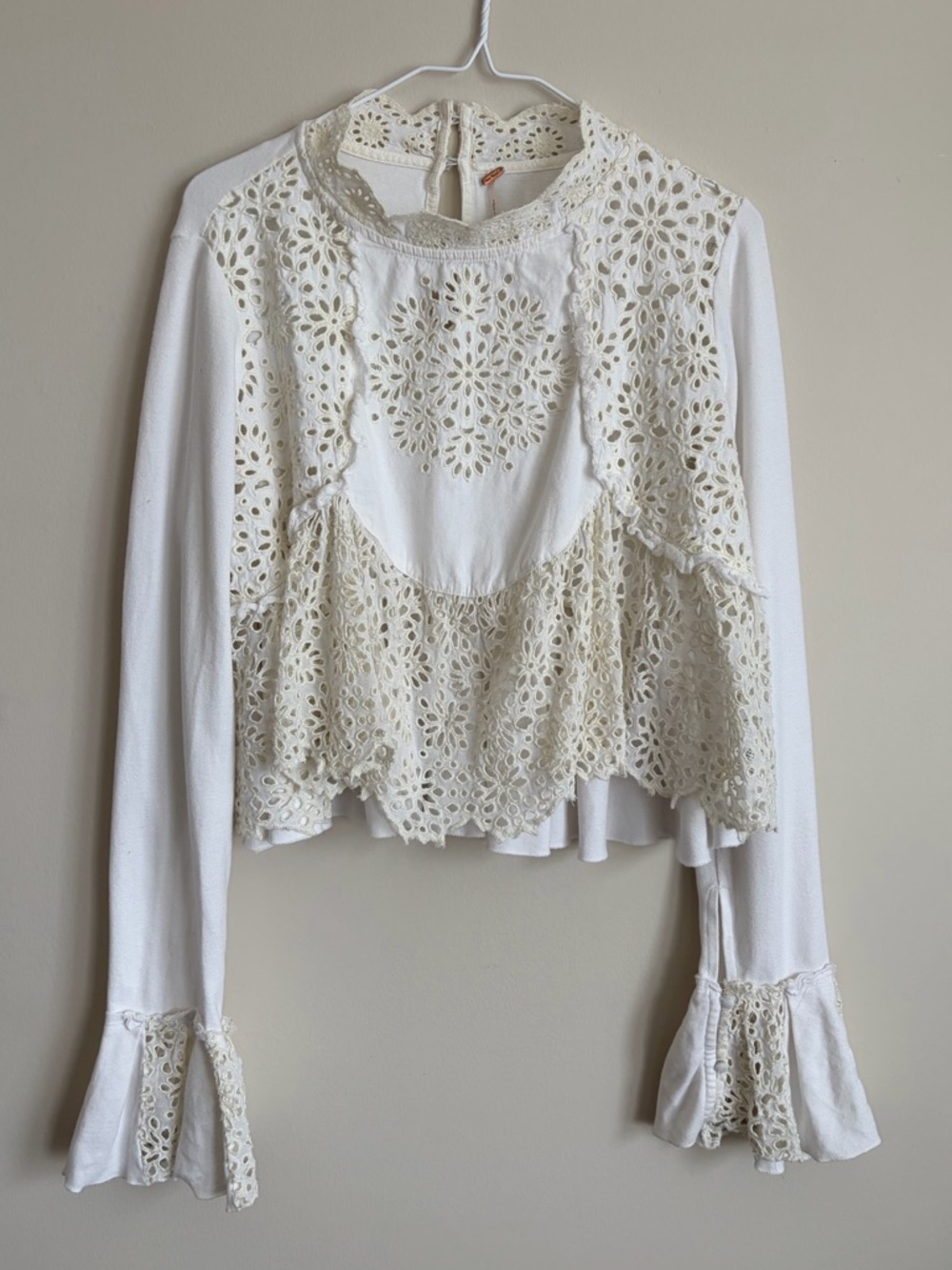 Free People Brittney Eyelet Lace Cream and White Mockneck Long Sleeve Women’s L